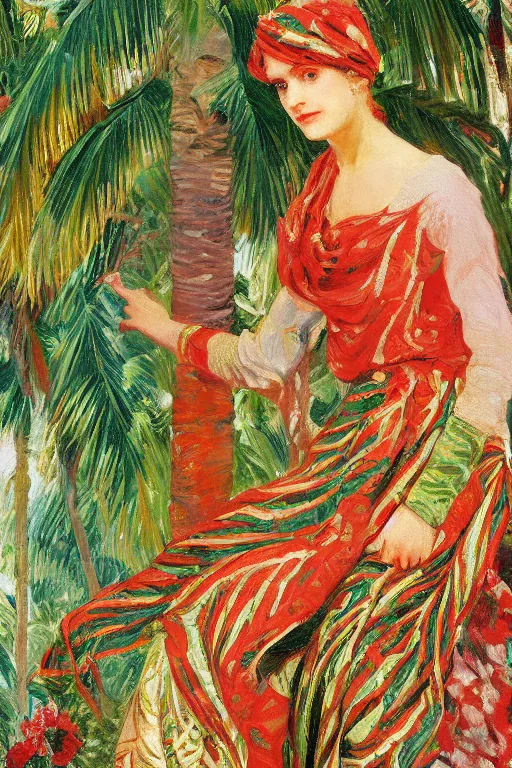 Prompt: a girl with arabesque red and green and golden detailed scarf set on a detailed persian carpet, tree palms in background, painting by john singer sargent