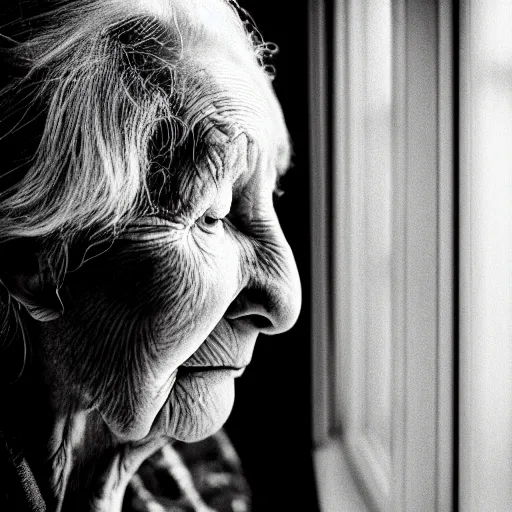 Image similar to black and white photograph portrait of a depressed beautiful old woman standing by the window, natural light, lomo, fashion photography, film grain, soft vignette, sigma 85mm f/1.4 1/10 sec shutter