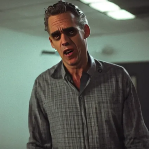 Prompt: jordan peterson as a horror movie character, crying in anger in a boiler room. directed by tobe hooper. 3 5 mm film stock.