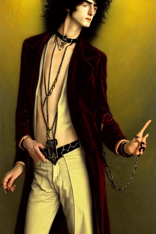 Image similar to a beautiful androgynous man, long hair, tall and thin, dressed in velvet, rock star, young jimmy page, wearing several pendants and a choker, illustration, dramatic lighting, soft details, painting, art nouveau, octane render, 8 k, hd, by edmund blair leighton, brom, charlie bowater, faces by otto schmidt