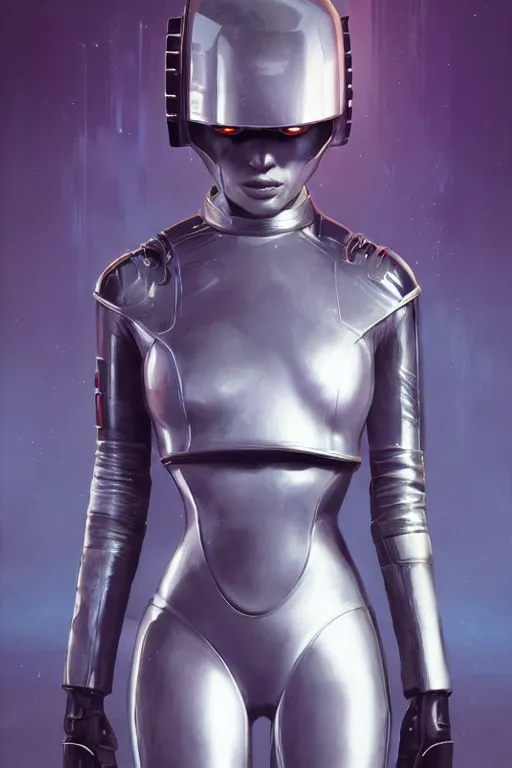 Image similar to retro-futuristic female android in chrome armour, facial portrait, rim light, ornate pattern, evil eyes, angry expression, painting by vincent di fate, artgerm julie bell beeple, Smooth gradients, High contrast, depth of field, very coherent symmetrical artwork