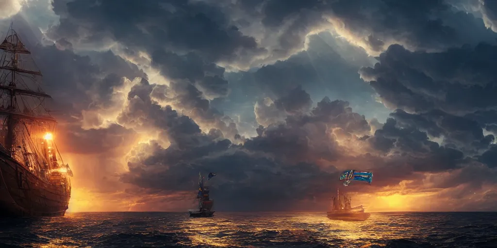 Image similar to portrait of a ship on the sea, on the ship is a medieval woman ship pilot from behind , dramatic golden neon sunset with wall of storm clouds, wearing shiny breastplate, octane render, dynamic lighting, hyperrealistic, artstation