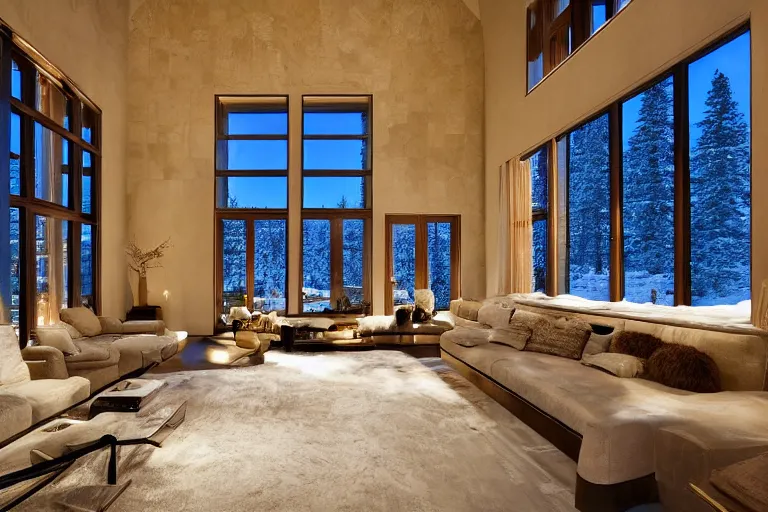 Prompt: interior of a beautiful modern stone mansion in Aspen, golden hour, gentle snow, sunbeams, volumetric lighting, by Emmanuel Lubezki