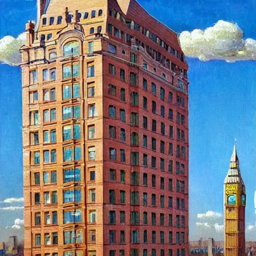 Prompt: brick skyscraper apartment building architectural marvel in london sky beautiful day extremely detailed colourful clouds double-decker buses london cab lush vegetation in the style of Edward hooper oil painting