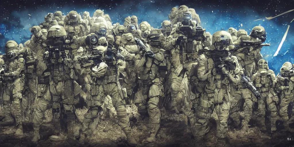 Image similar to photo wide shot military sci fi muppet special forces soldiers,inks,octane render photorealistic, blue,gold,white,black octane render, insanely detailed, realistic, + psychedelic, cosmic energy by Kelly McKernan, yoshitaka Amano, hiroshi yoshida, moebius, loish, artgerm, happy,joyful, painterly, symmetrical and detailed hyperdetailed 8k, moebius,steven wiltshire, , hyper detailed,high contrast,vivid psychedelic colors,, Neon Genesis Evangelion, mathematics and geometry, loony toons, saturated, sun rays + Laurie Greasley + Katsuhiro Otomo, Craig Mullins, 8k, octane render, trending on artstation, hyper detailed,