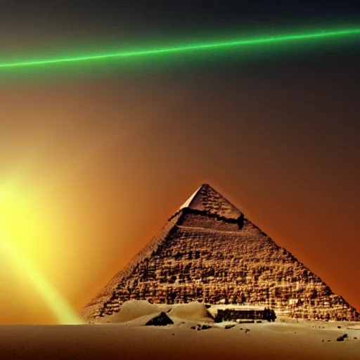 Prompt: a green beam of light coming out of the great pyramid of giza, illustration, digital art, matte painting, trending on artstation