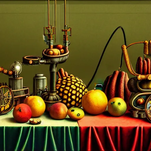 Prompt: hyperdetailed standalone fruit on a table. cyberpunk steampunk solarpunk in the style of a childrenbook illustration. matte background in vibrant pastel tones. 8 x hd in the style of pieter claesz, jacob van es, juan sanchez cotan, jean - baptiste belin.