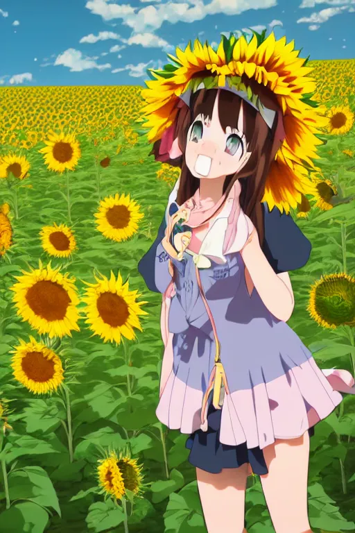 Image similar to Tonemapped Cheerful anime girl with bunny hat in the style of Makoto Shinkai and Yun Koga with a field of sunflowers in background