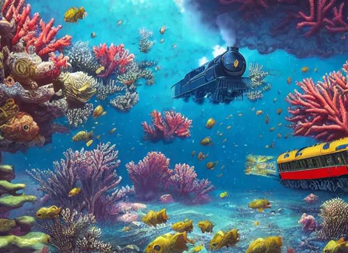 Image similar to epic cinematic artwork of a steam train underwater, coral reef, beautiful artwork by rutowski and brom,