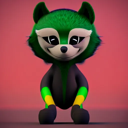 Prompt: a relaxed stoner with a black hoodie on with a marijuana themed dark green raccoon head from my little pony, 3 d, blender 3 d, render, extremely detailed, 8 k, has cracked red eyes