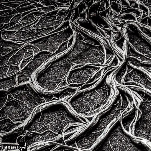 Prompt: ward - winning photograph of pitch black, tar - like, shadow roots with lots of tendrils spreading everywhere, intricate detail, goopy, deep black roots, infestation, shadowy, lovecraftian