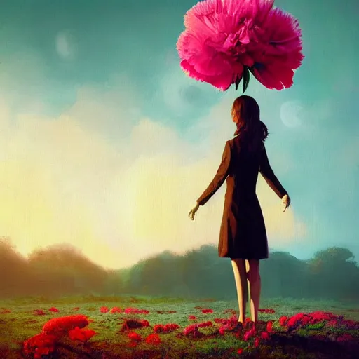 Image similar to giant carnation flower head, girl in suit, surreal photography, sunrise, dramatic light, impressionist painting, digital painting, artstation, simon stalenhag