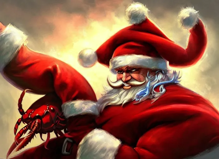 Image similar to magic : the gathering fantasy character concept art of anthropomorphic lobster wearing a christmas hat, by franz frazetta and marco bucci, high resolution. a clear portrait of powerful lobster impersonating santa, magical christmas wonderland in background, fantasy coloring, intricate, digital painting, artstation, smooth, sharp focus