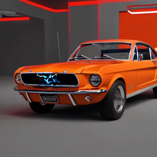 Image similar to ford mustang 1967 model sta ding in a showroom with orange neon lights, 3 render, vray, 8k