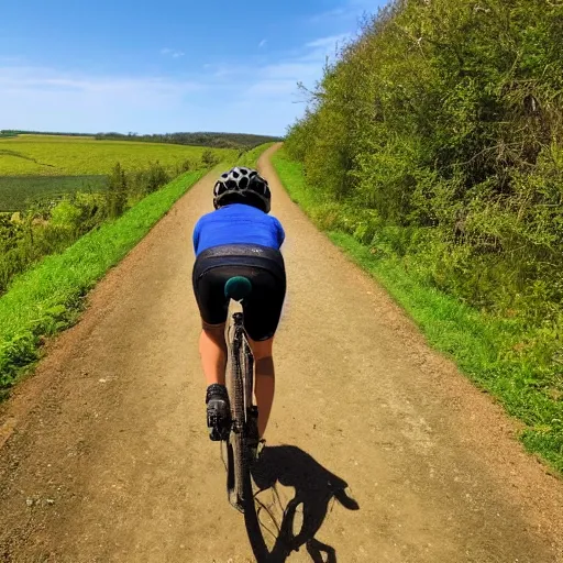 Prompt: first person pov of someone biking on a hiking trail through the countryside with large fields on each side