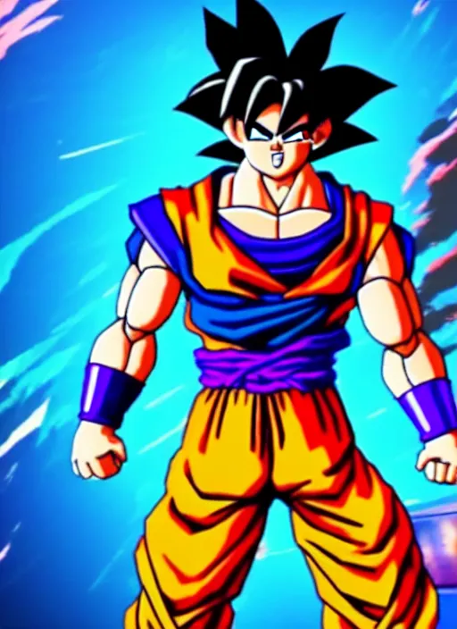 Image similar to game still of a sayan goku as a fortnite skin in fortnite by fortnite, pose.