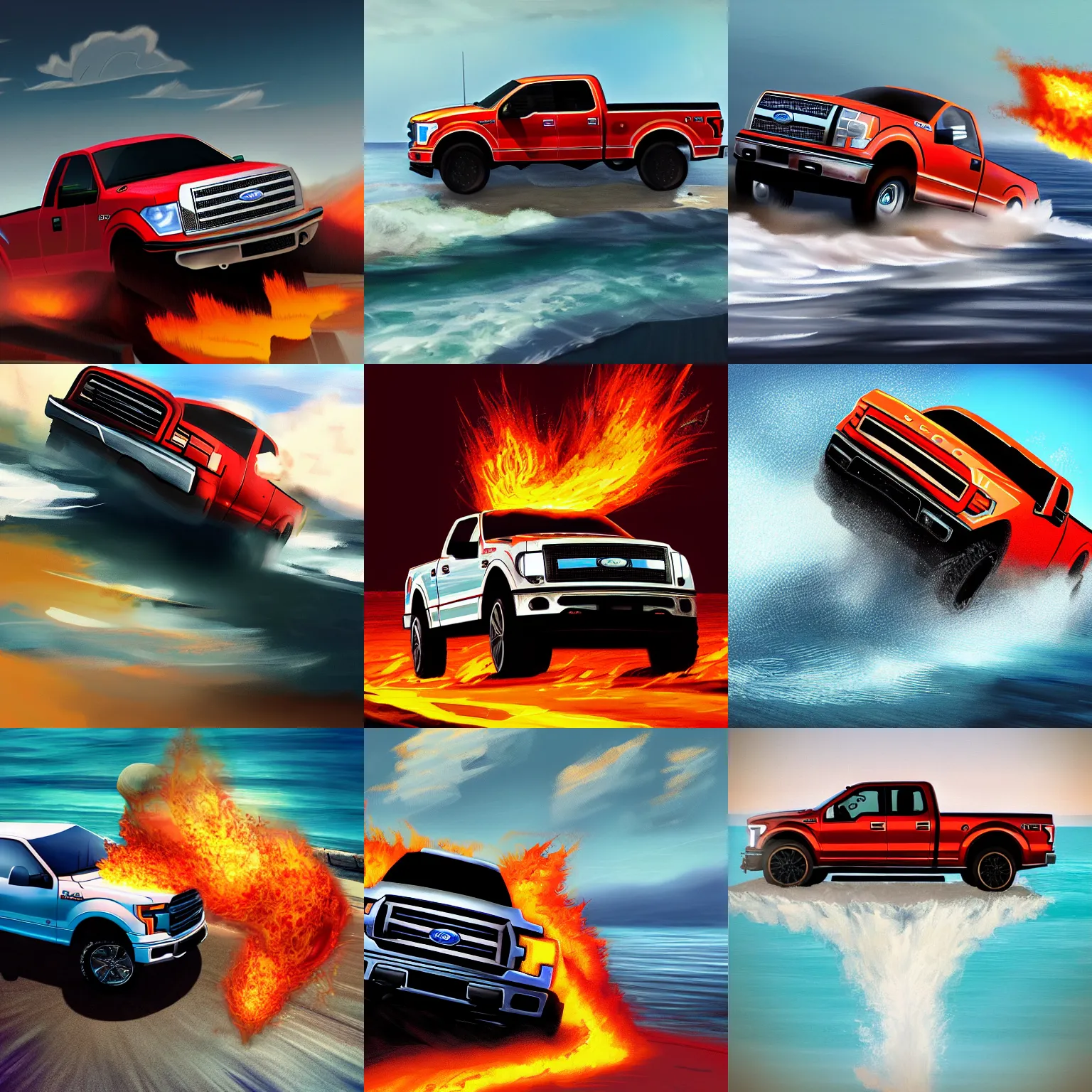 Prompt: a flaming ford f - 1 5 0 veering into the ocean, digital painting, concept art, award winning, trending on artstation, dramatic angle