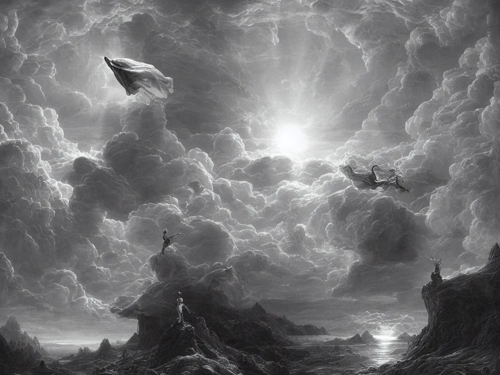 Image similar to Elon Musk opening up the skies with his magic power, Gustave Doré, Tooth Wu and WLOP, cinematic