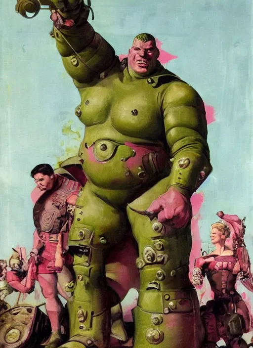 Prompt: 5 0 s pulp scifi fantasy illustration full body portrait martyn ford as huge monstrous armoured giant, pink and green, by norman rockwell, roberto ferri, daniel gerhartz, edd cartier, jack kirby, howard v brown, ruan jia, tom lovell, frank r paul, jacob collins, dean cornwell, astounding stories, amazing, fantasy, other worlds