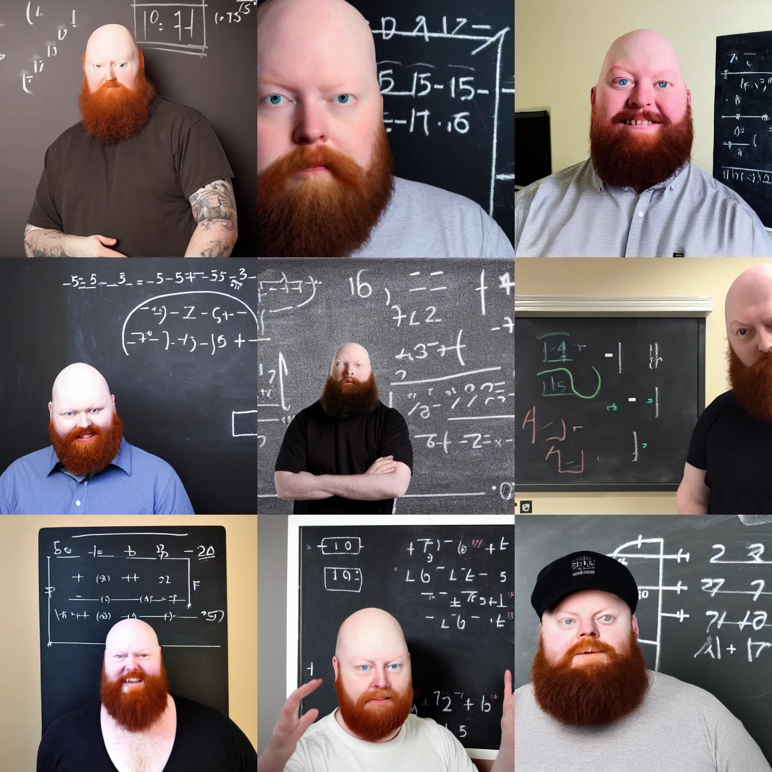 Prompt: photo of angriestpat boivin with a short beard looking confused in front of a chalkboard with basic math written on it