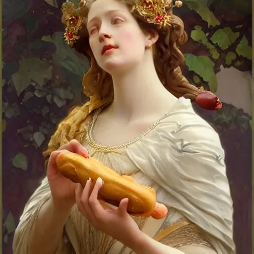 Image similar to beautiful lifelike award winning marble statue bust of dronning magrethe eating a hotdog trending on art station artgerm greg rutkowski alphonse mucha museum quality cinematic atmospheric