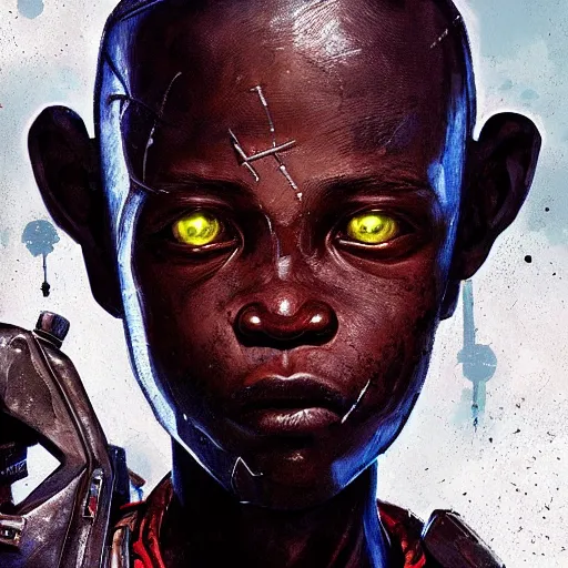 Prompt: a dark and ominous african child soldier with a half robot face and one glowing eye, Apex Legends character digital illustration portrait design, by android jones and greg rutkowski in a cyberpunk voodoo style, detailed, cinematic lighting, wide angle action dynamic portrait