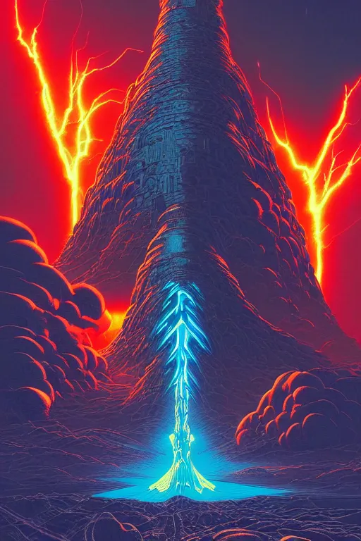 Image similar to artwork by kilian eng and toshi yoshida and franklin booth showing a futuristic powerstation!! in front of a ( ( exploding volcano ) ), vintage scifi, high details, dramatic lightning,, 8 k