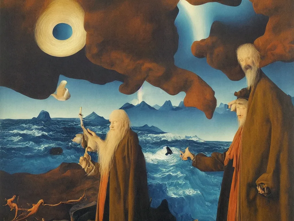 Prompt: Portrait of albino mystic with blue eyes, with landscape with tsunami, giant wave at night. Painting by Jan van Eyck, Audubon, Rene Magritte, Agnes Pelton, Max Ernst, Walton Ford