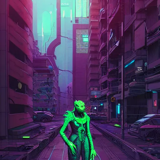 Prompt: A cyberpunk reptile cyborg on the street of a cyberpunk city art by Josan Gonzalez, sci-fi, highly detailed, digital painting, artstation, smooth, sharp focus, illustration, concept art by Josan Gonzalez and James Gurney and Mœbius