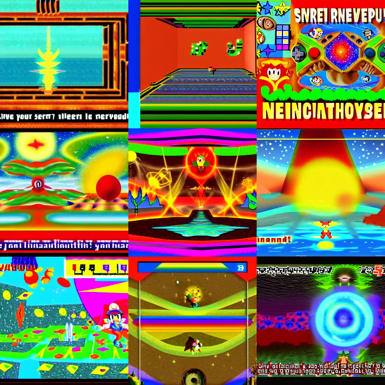 Prompt: nintendo 6 4 screenshot of the secret of the universe, creative interpretation, psychedelic