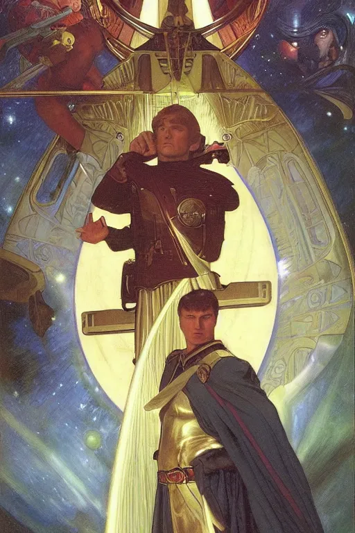 Prompt: An Epic Tarot Card of Captain James Kirk commanding the starship enterprise, amazing colour harmony and variation, simple background, by Donato Giancola, William Bouguereau, John Williams Waterhouse and Alphonse Mucha