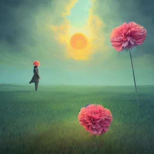 Prompt: giant carnation flower head, girl in suit, surreal photography, sunrise, dramatic light, impressionist painting, digital painting, artstation, simon stalenhag