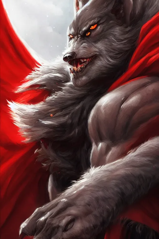 Image similar to werewolf warrior in red cape, d & d, fantasy, portrait, highly detailed, headshot, digital painting, trending on artstation, concept art, sharp focus, illustration, art by artgerm and greg rutkowski and magali villeneuve