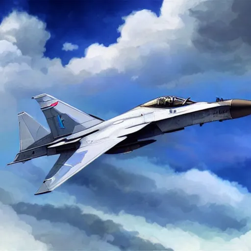 Image similar to Mikoyan MiG-29 flying in the sky, blue sky, white clouds, highly detailed, digital painting, artstation, concept art, sharp focus, illustration, art by artgerm and greg rutkowski and alphonse mucha