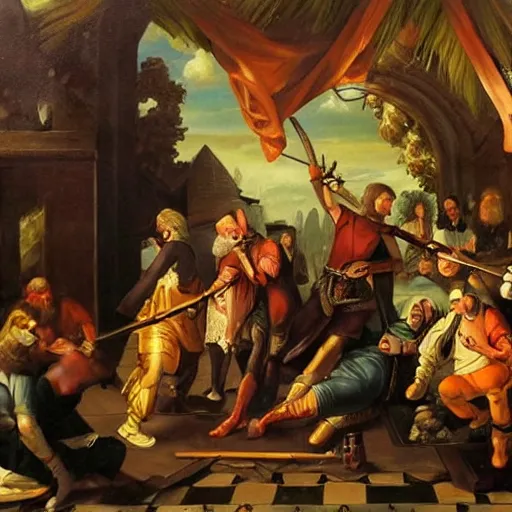 Prompt: baroque oil painting of an elven bar fight