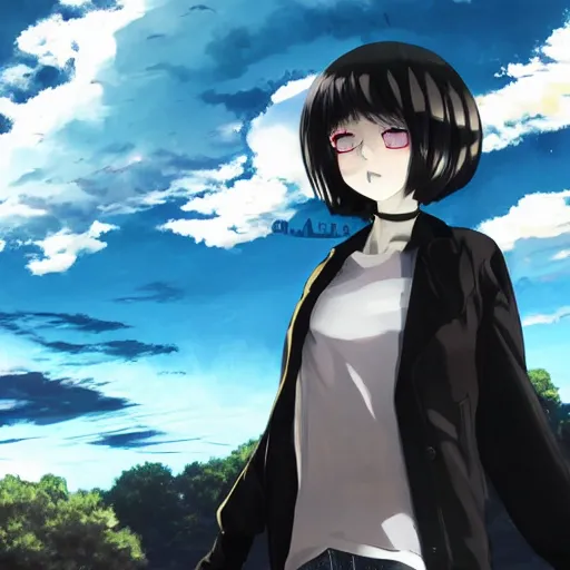 Image similar to 1 7 - year - old pale - skinned anime girl with black long bob cut, long bangs, black gothic jacket, black jeans, flying through sky, jumping through clouds, late evening, blue hour, cirrus clouds, pearly sky, ultra - realistic, sharp details, subsurface scattering, blue sunshine, intricate details, hd anime, 2 0 1 9 anime