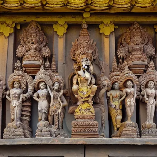 Prompt: hindu gods and goddesses posing together, carved in a temple