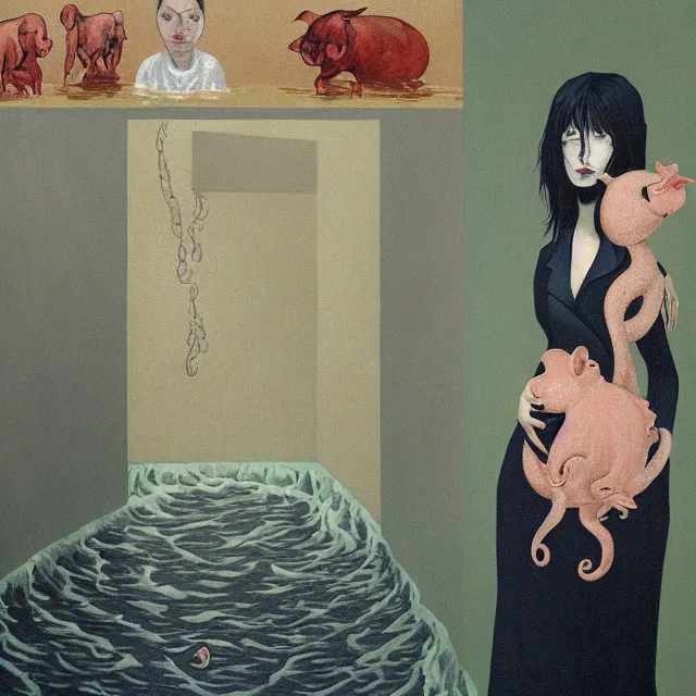 Prompt: tall female emo artist holding a pig in her flooded bathroom, octopus, water gushing from ceiling, painting of flood waters inside an artist's bathroom, a river flooding indoors, pomegranates, pigs, ikebana, water, octopus, river, rapids, waterfall, black swans, canoe, berries, acrylic on canvas, surrealist, by magritte and monet