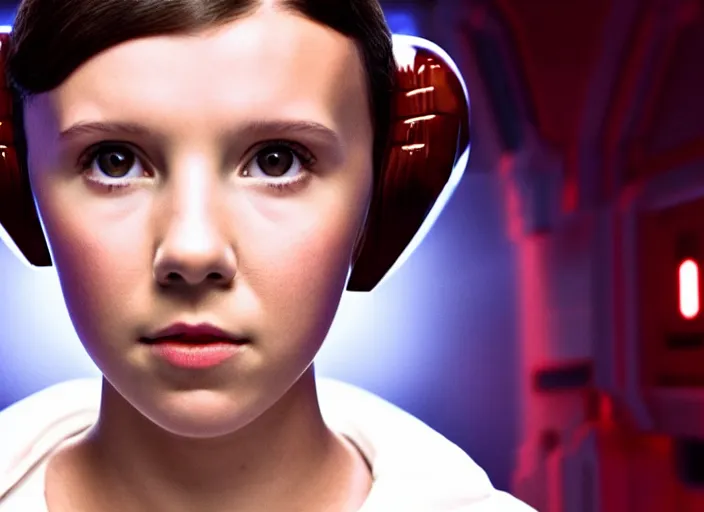 Image similar to film still of!!!! millie bobby brown!!! as princess leia in star wars movie, closeup portrait, wearing long white robe, deep focus, exploring interior of a spaceship, glamour pose, dramatic lighting, octane, mist, volumetric lighting, 8 k