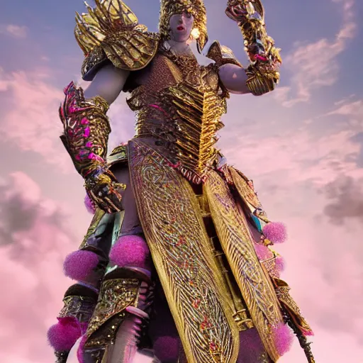 Image similar to a majestic soman wearing an intricate and detailed armor made of candy floss. layers. textures. delicate. elaborate. studio portrait. photorealistic. octane render