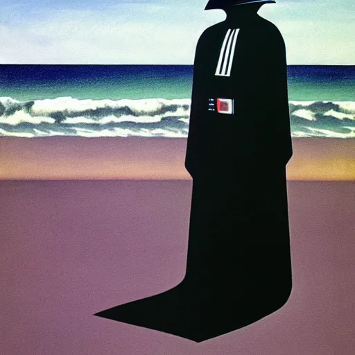 Image similar to portrait of darth vader at the beach, painting by rene magritte, high detail, high resolution