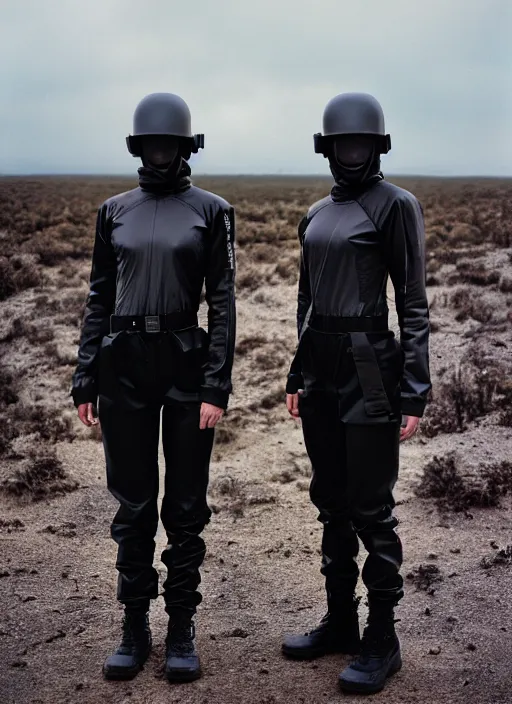 Image similar to cinestill 5 0 d photographic portrait of two clones, techwear women on a desolate plain, a brutalist metal building in the background, depth of field, 4 k, 8 k, hd, full color