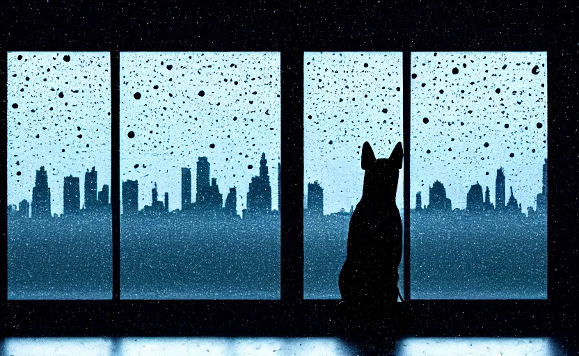 Prompt: a dog is looking out of a window at night staring at a skyline in rain, movie still, silhouette, 8 k
