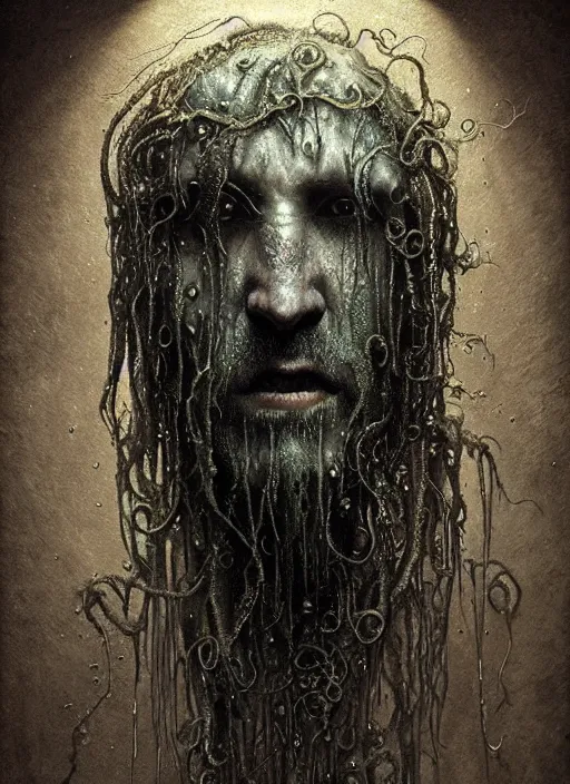 Prompt: portrait of a old lovecraftian underwater fish man hybrid with long wet tattered tangles of thinning black hair, eerie glowing eyes, wall hanging trophy taxidermy, hyper realistic head, fantasy art, in the style of greg rutkowski, zdizslaw beksinski, intricate, alphonse mucha, hyper detailed, smooth