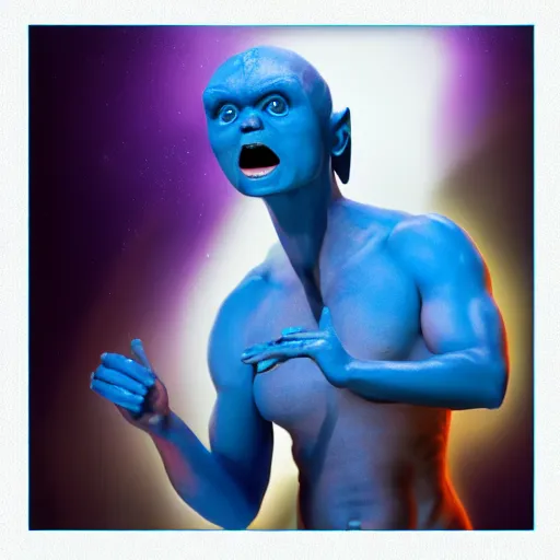 Image similar to portrait of a blue alien, singing opera, photo, 8k