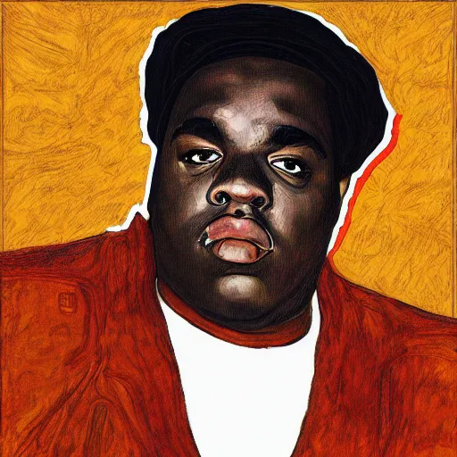 Image similar to a portrait of biggie smalls in style of egon schiele, notorious b. i. g., masterpiece, hyperdetailed, complex, intricate, 4 k, trending on artstation