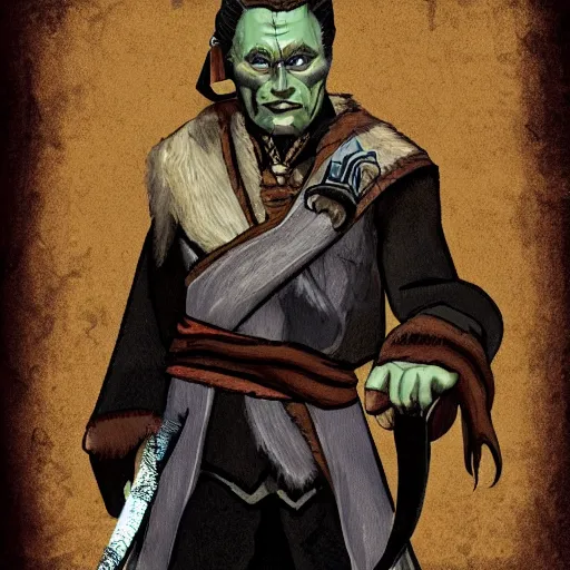 Image similar to How to be a Half-Orc Bard in D&D, by Christopher Walken.