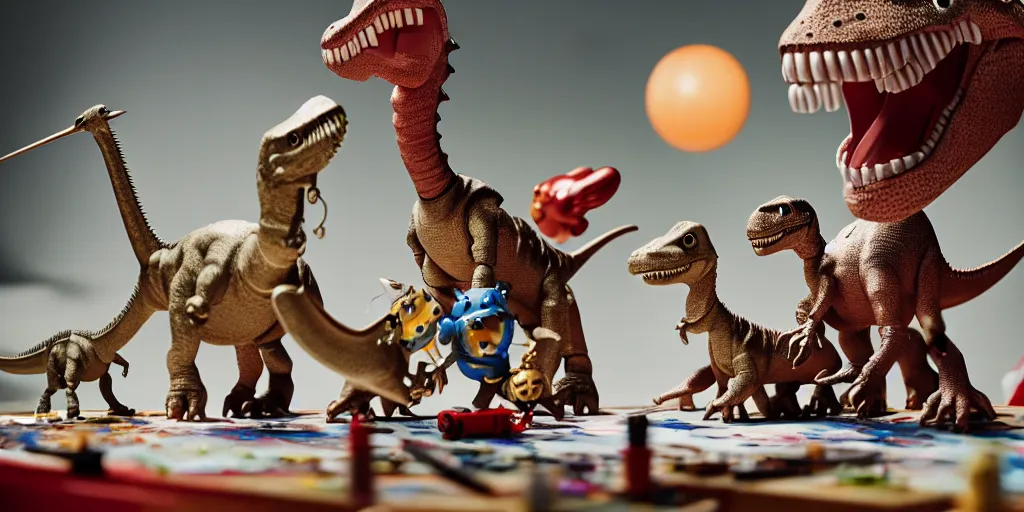 Image similar to closeup portrait of tin toy knights riding dinosaurs fighting on white paper table in an artist workshop, depth of field, zeiss lens, detailed, centered, fashion photoshoot, by nicoletta ceccoli, mark ryden, lostfish, breathtaking, 8 k resolution, extremely detailed, beautiful, establishing shot, artistic, hyperrealistic, octane render