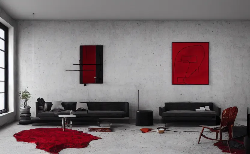 Image similar to a concrete room with a wooden table and a leather sofa and paintings on the wall, high quality, 8 k, architecture, symmetrical, harmonious, black white and red colours, calm, high coherence, natural lighting, path traced, highly detailed, hyperrealistic, concept art, octane render, unreal engine 5, trending on artstation, beautiful, elegant