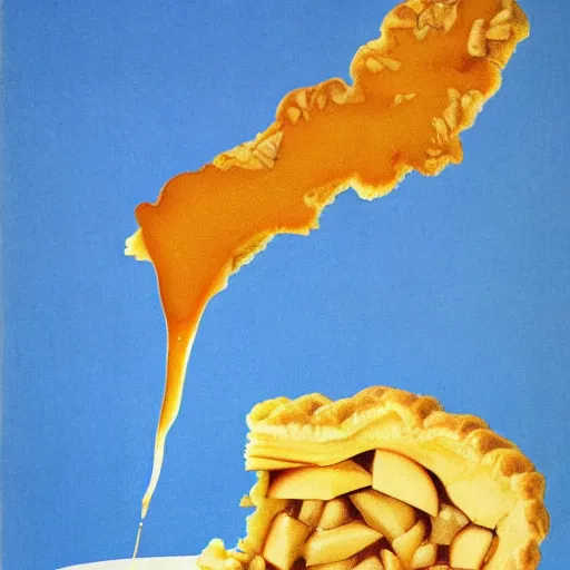 Prompt: 1 thick slice of apple pie floating on a blue background, chesley bonestell, vincent di fate, golden crust, large slice, dripping syrup, whole piece